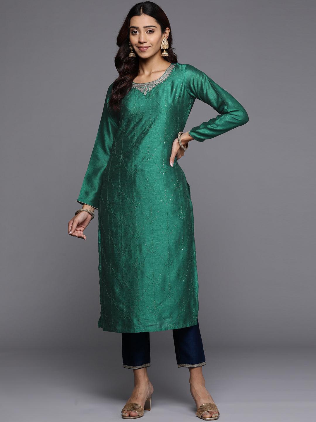 Green Embroidered Silk Straight Kurta - ShopLibas