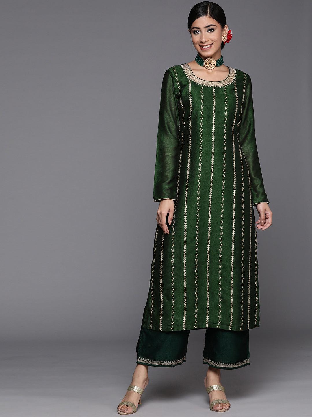 Green Embroidered Silk Straight Kurta - ShopLibas
