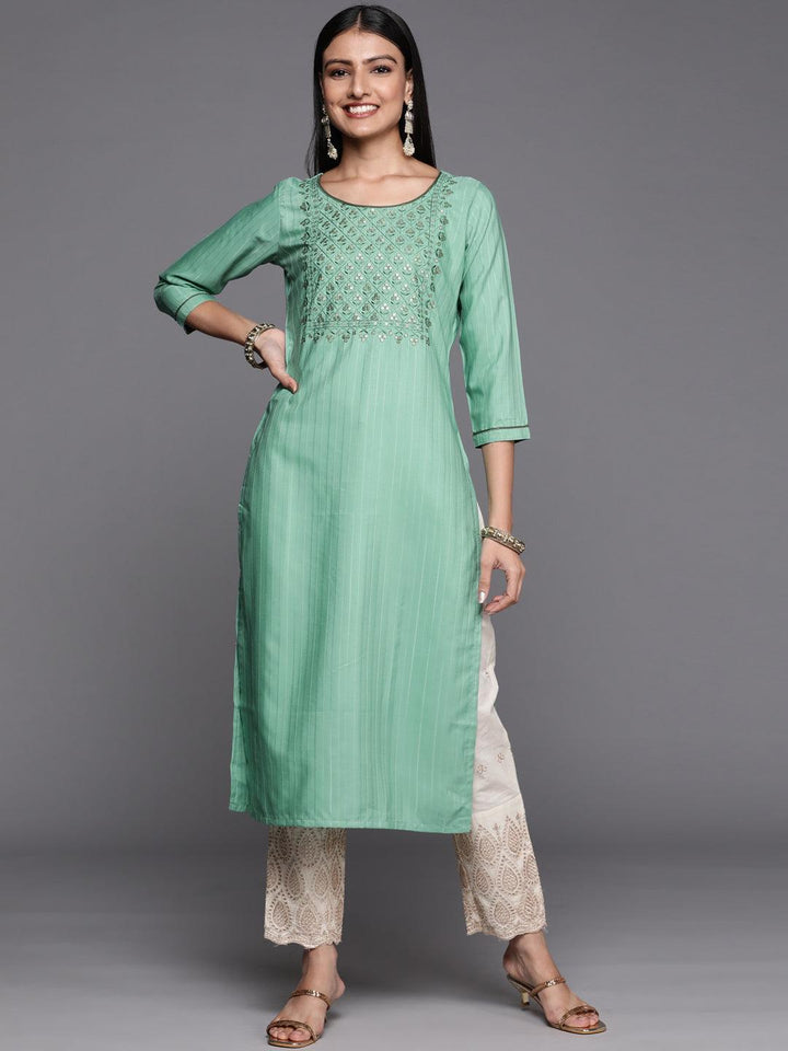 Green Embroidered Silk Straight Kurta - ShopLibas