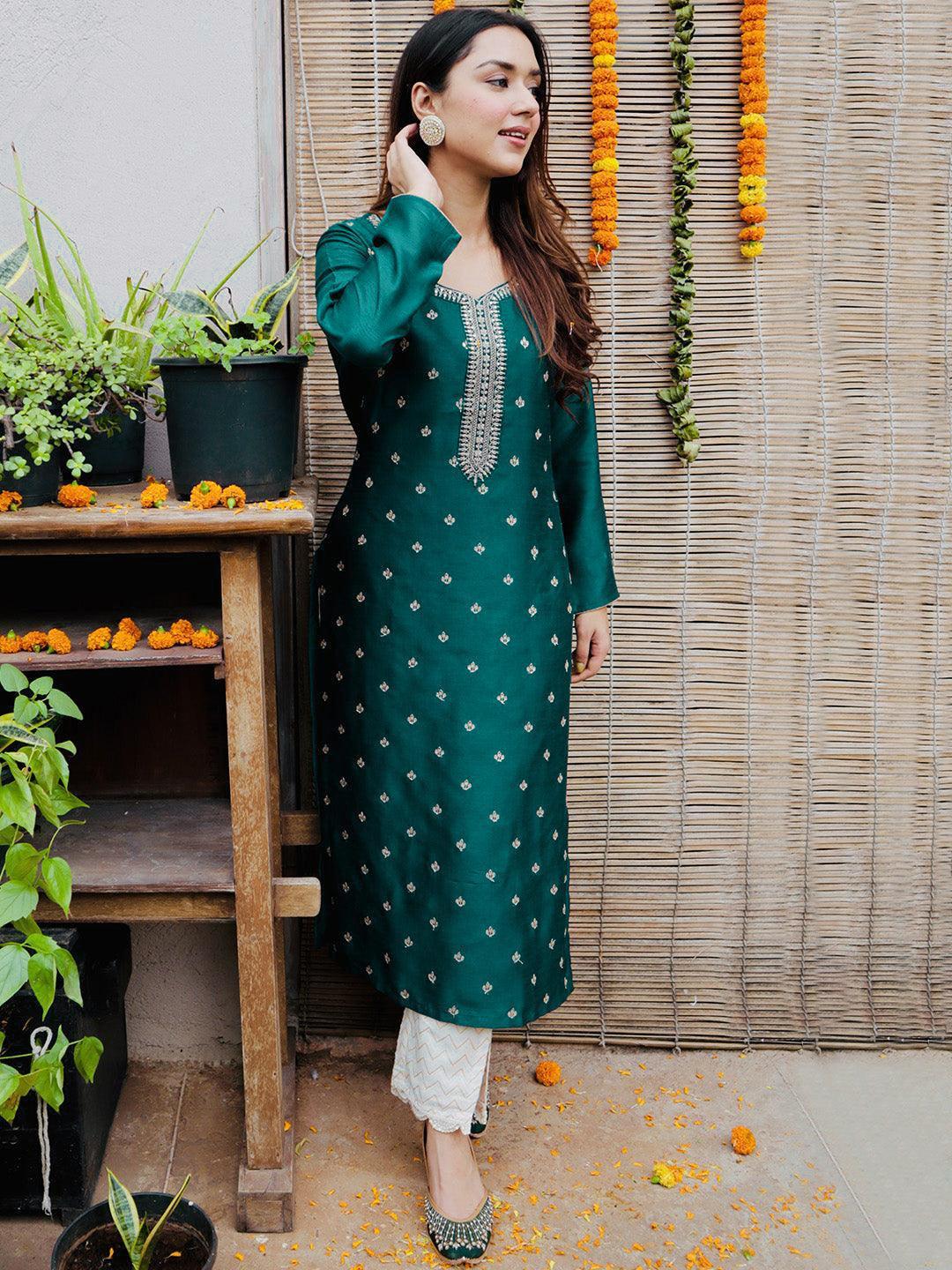Green Embroidered Silk Straight Kurta - ShopLibas