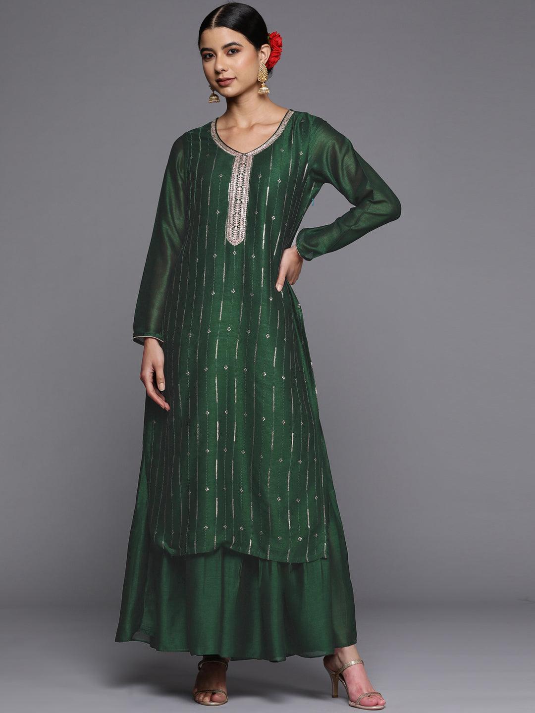 Green Embroidered Silk Straight Kurta - ShopLibas