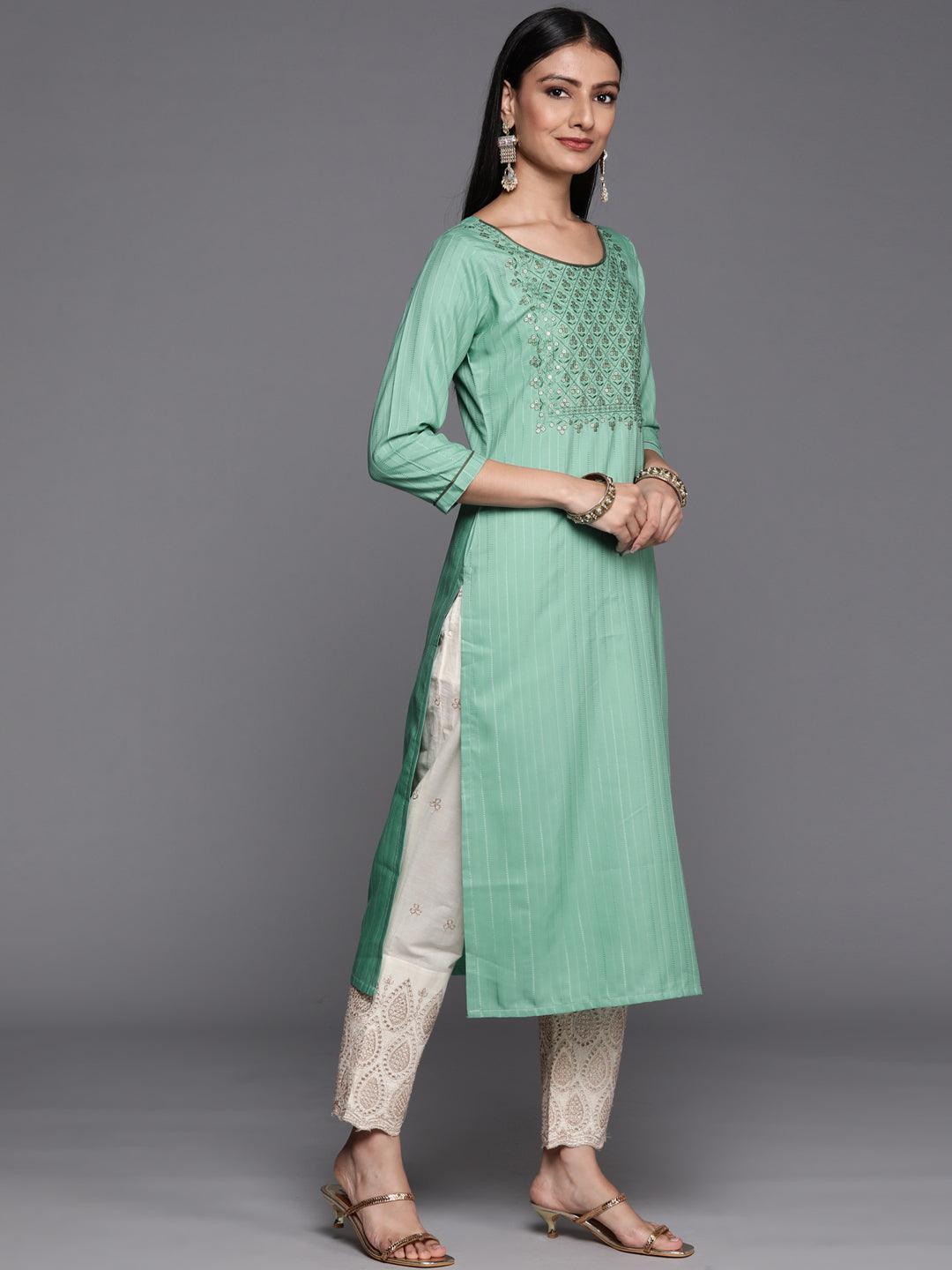 Green Embroidered Silk Straight Kurta - ShopLibas