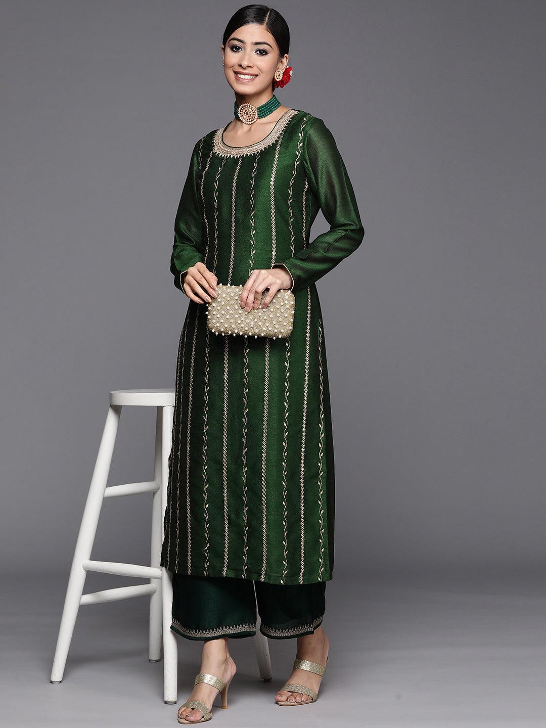 Green Embroidered Silk Straight Kurta - ShopLibas