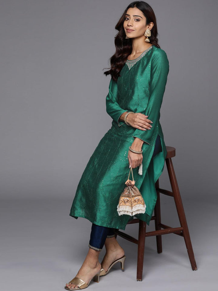 Green Embroidered Silk Straight Kurta - ShopLibas