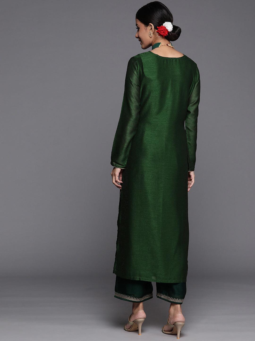 Green Embroidered Silk Straight Kurta - ShopLibas