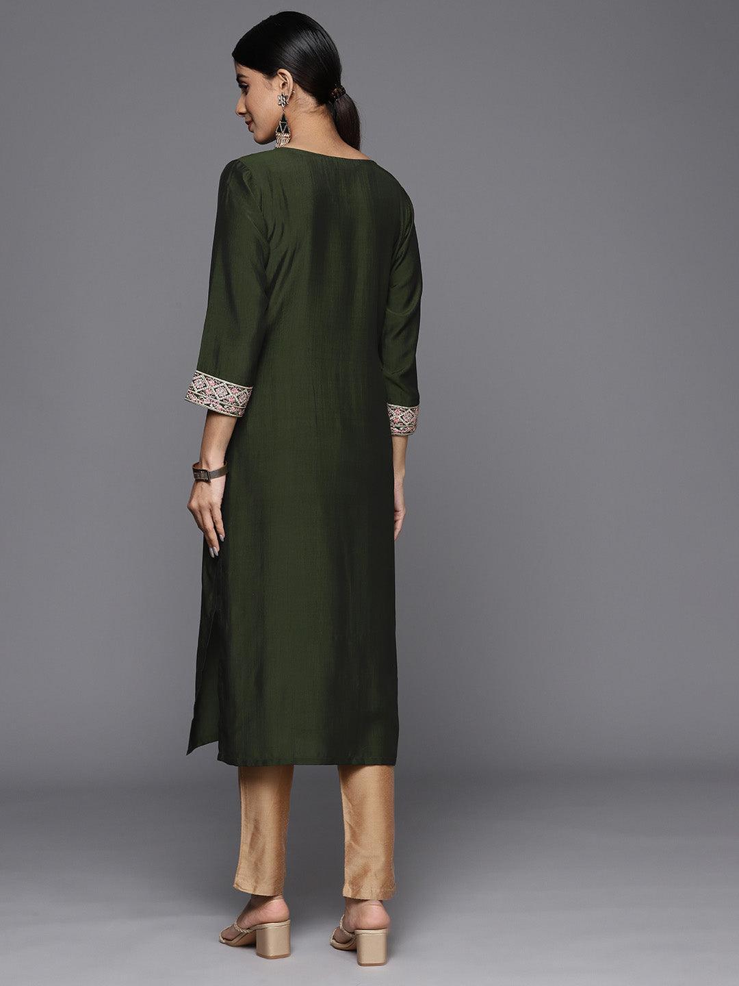 Green Embroidered Silk Straight Kurta - ShopLibas 