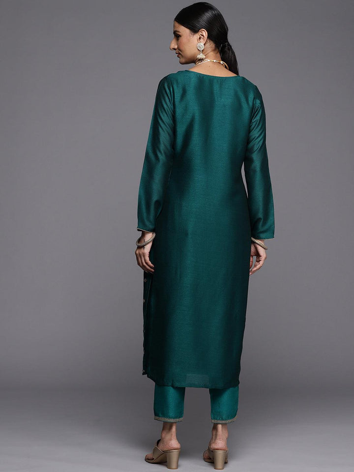 Green Embroidered Silk Straight Kurta - ShopLibas