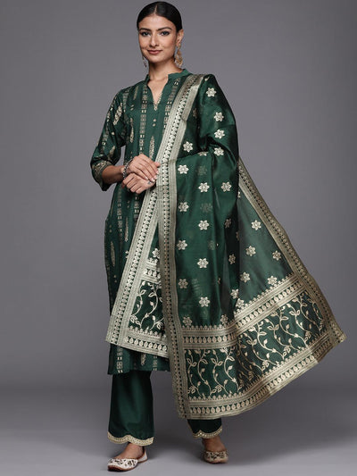 Green Printed Chanderi Silk Straight Suit Set - ShopLibas