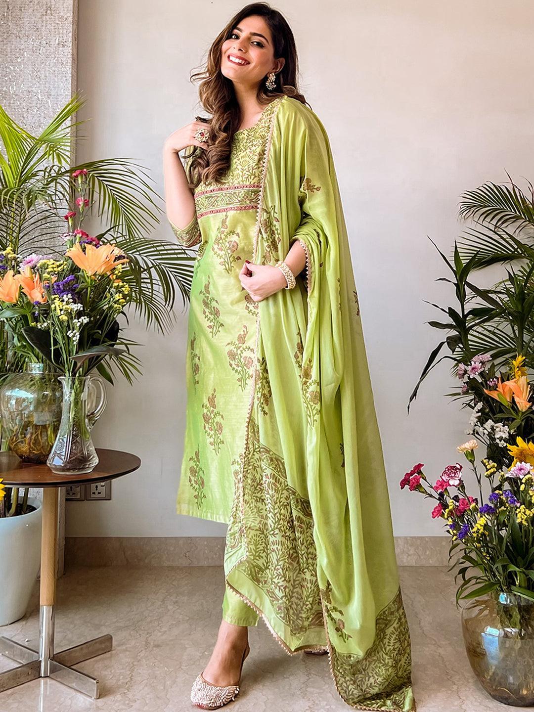 Green Printed Chanderi Silk Suit Set - ShopLibas