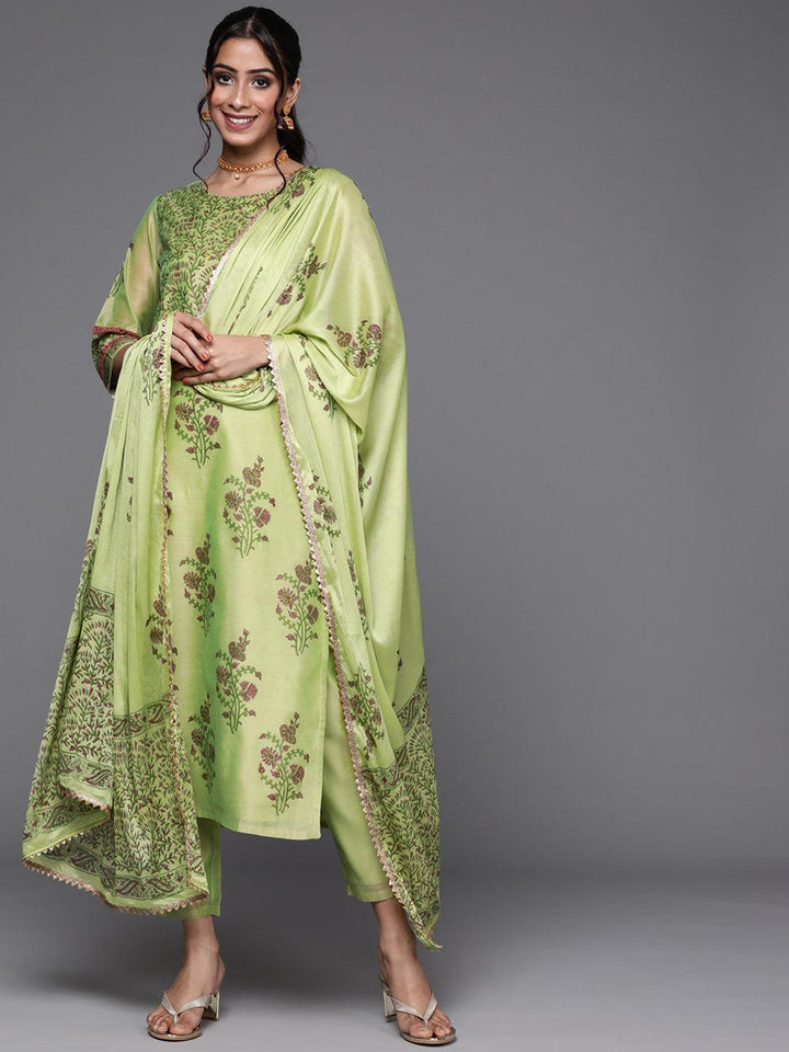 Green Printed Chanderi Silk Suit Set - ShopLibas