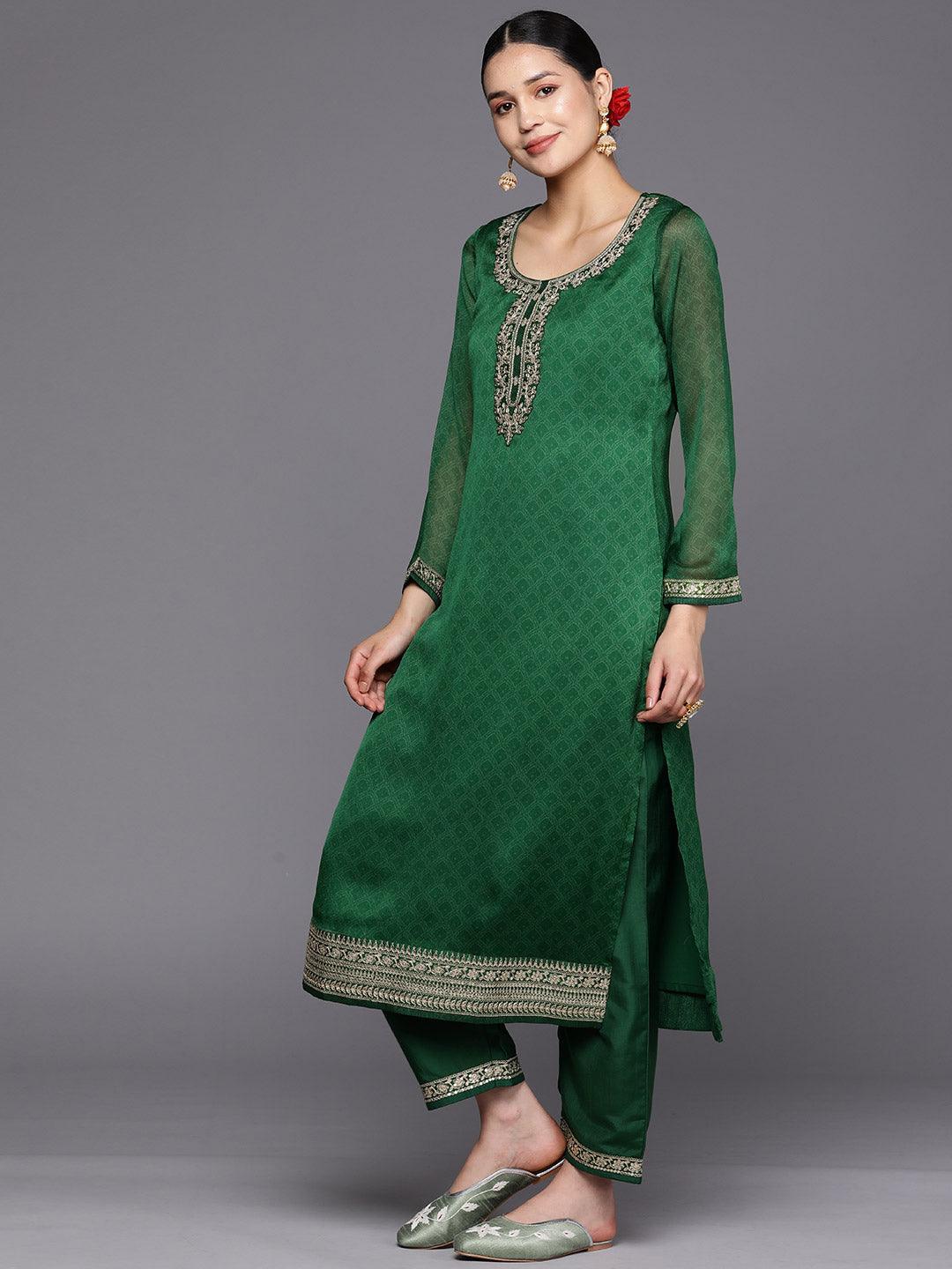 Green Printed Chiffon Straight Suit Set With Trousers - ShopLibas 
