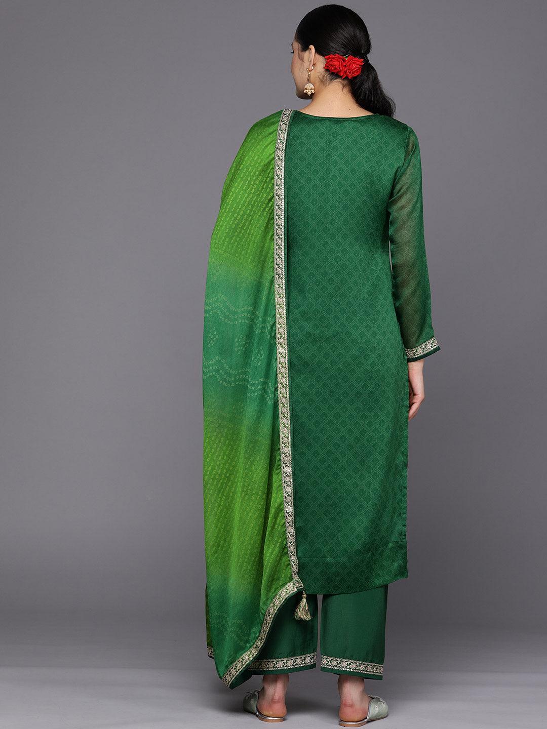 Green Printed Chiffon Straight Suit Set With Trousers - ShopLibas 