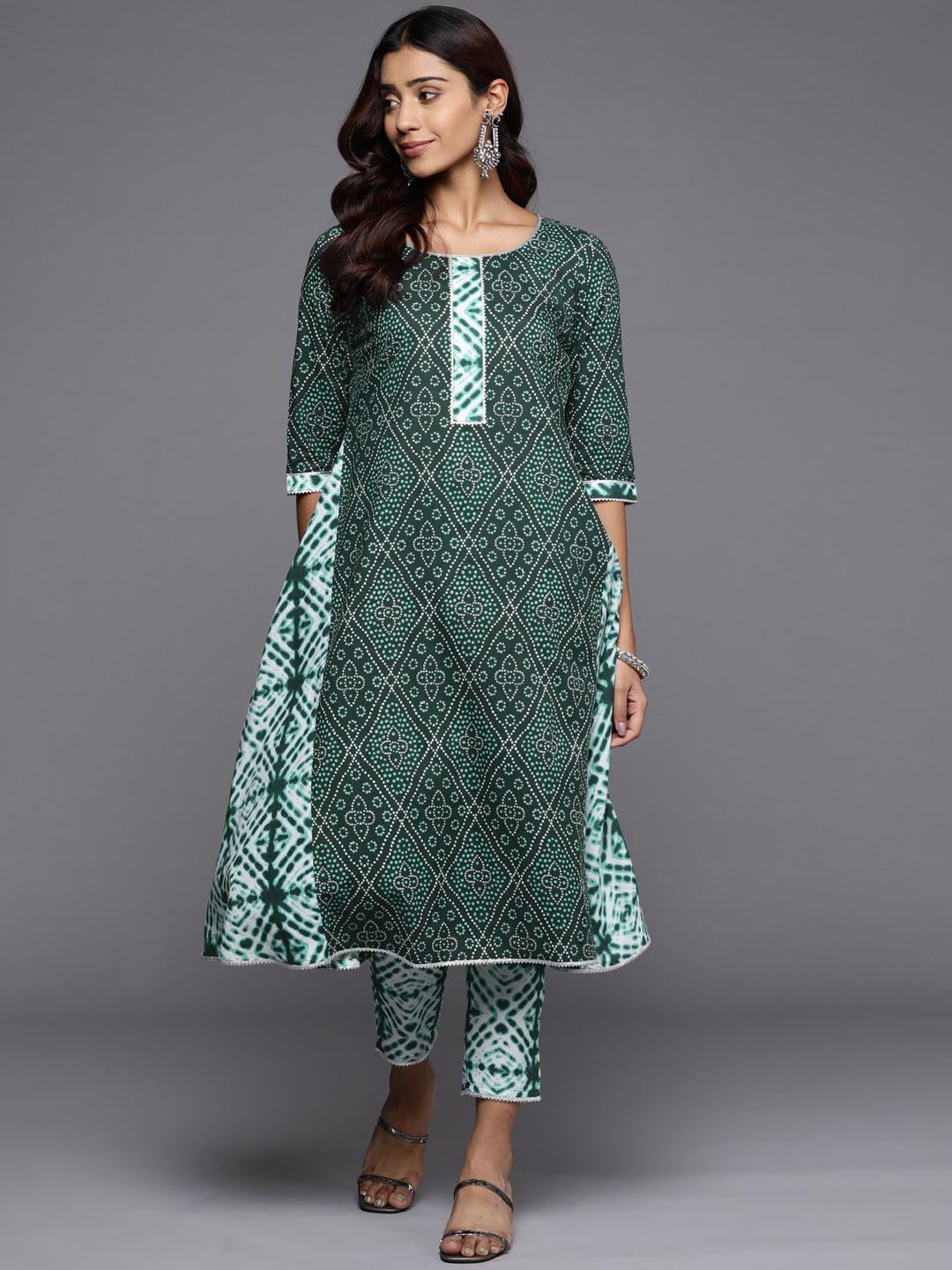 Green Printed Cotton A-Line Kurta - ShopLibas