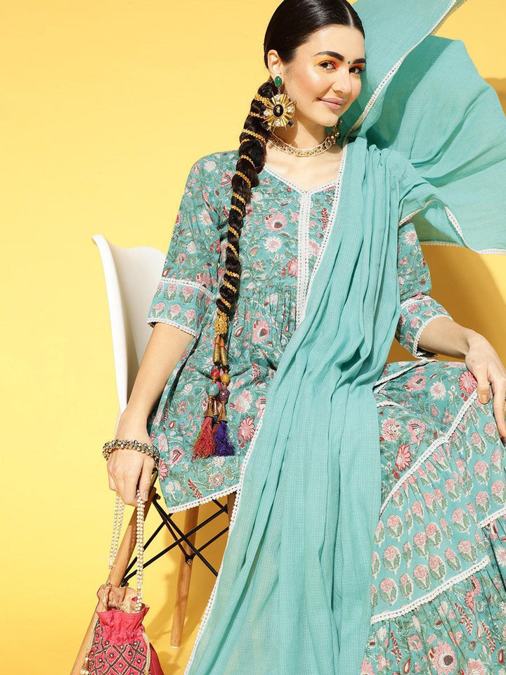 Green Printed Cotton Suit Set - ShopLibas
