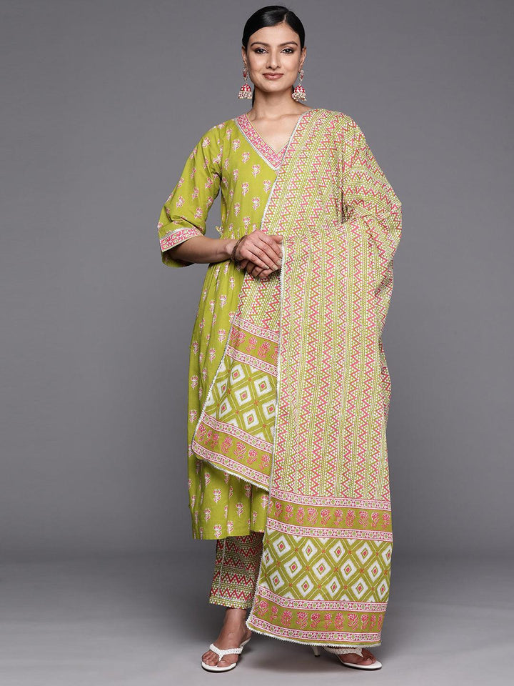Green Printed Cotton A-Line Suit Set With Trousers