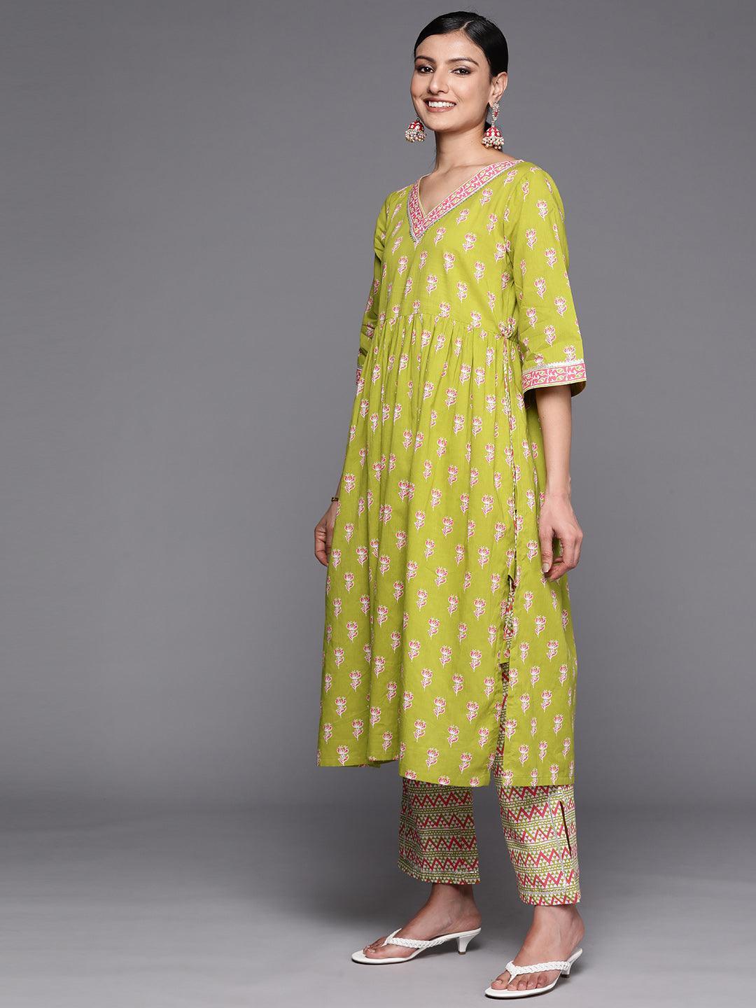 Green Printed Cotton A-Line Suit Set With Trousers - ShopLibas 
