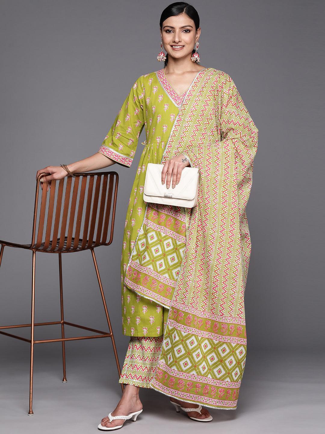 Green Printed Cotton A-Line Suit Set With Trousers - ShopLibas 