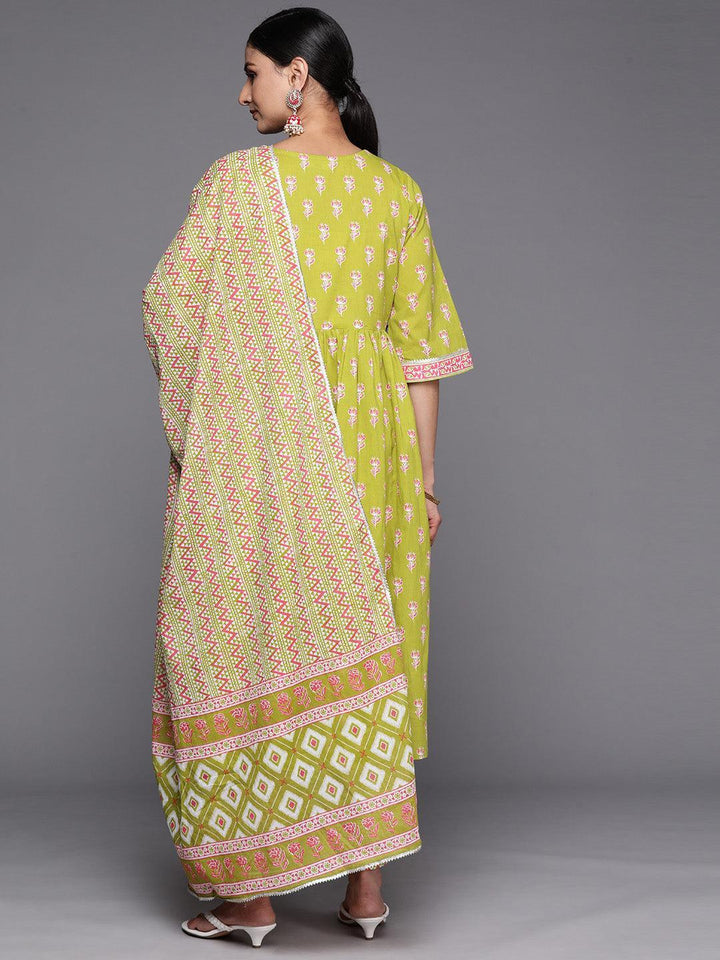Green Printed Cotton A-Line Suit Set With Trousers