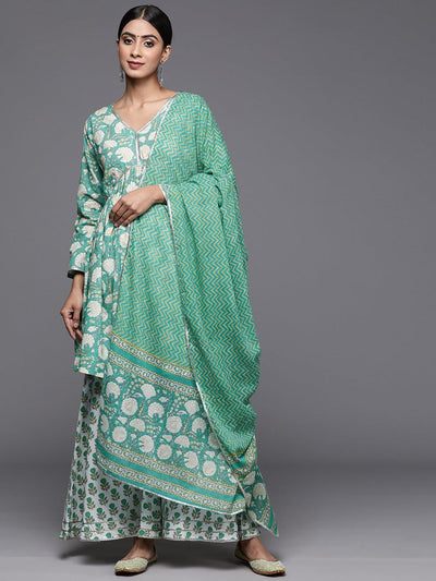 Green Printed Cotton A-Line Kurti With Sharara & Dupatta - Libas