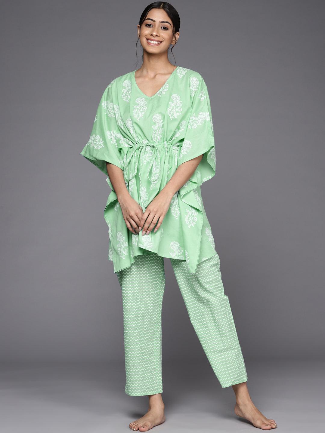 Green Printed Cotton Night Suit - ShopLibas