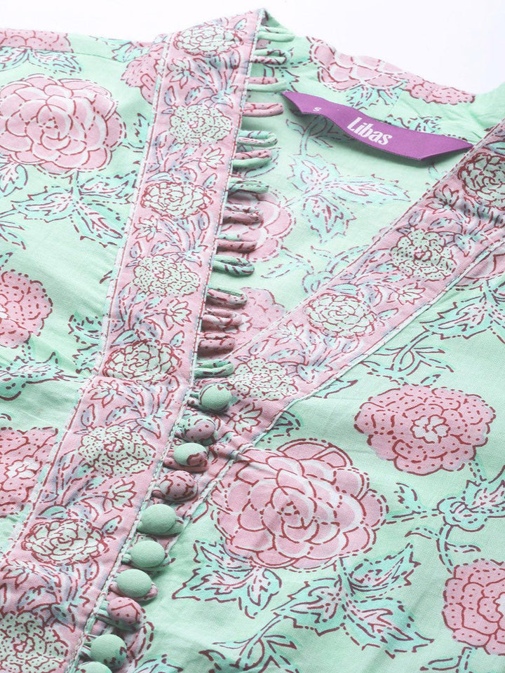 Green Printed Cotton Kurta - ShopLibas