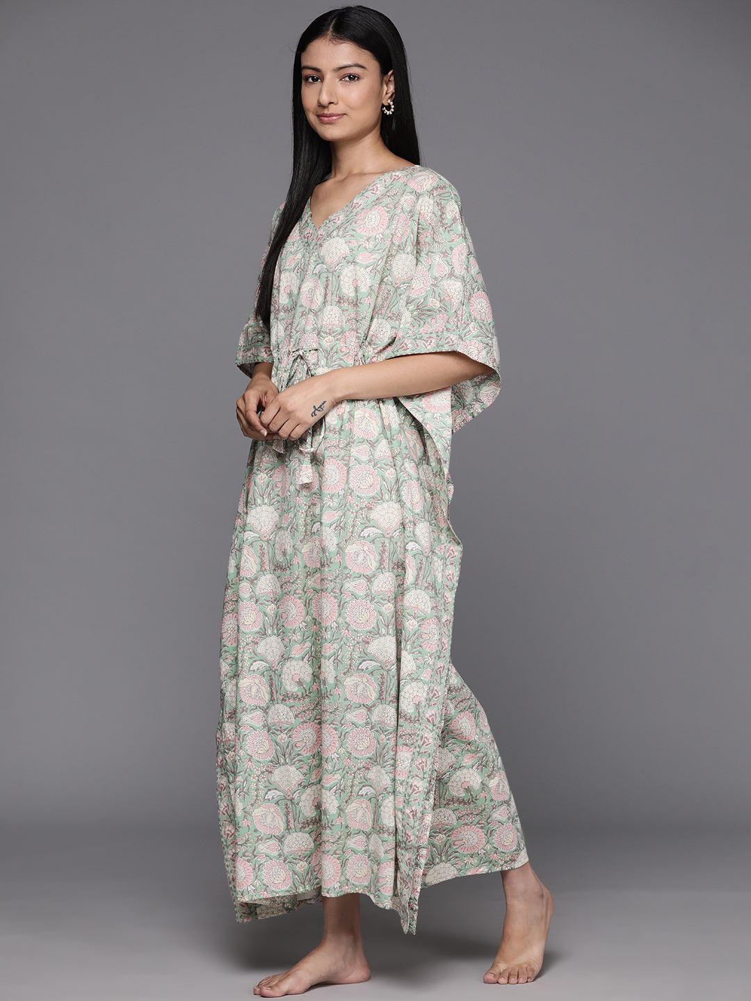 Green Printed Cotton Night Dress - Libas 