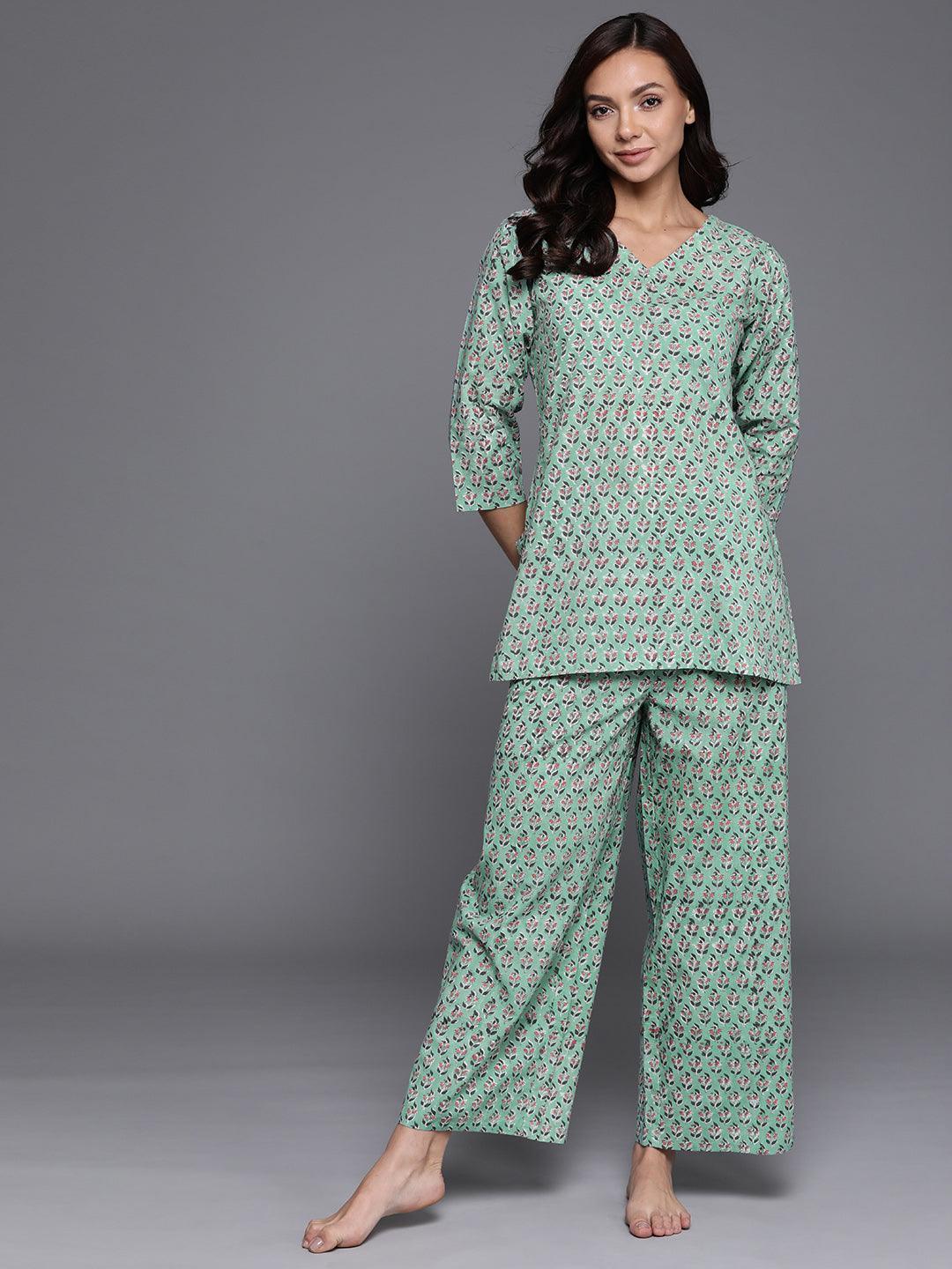 Green Printed Cotton Night Suit - ShopLibas