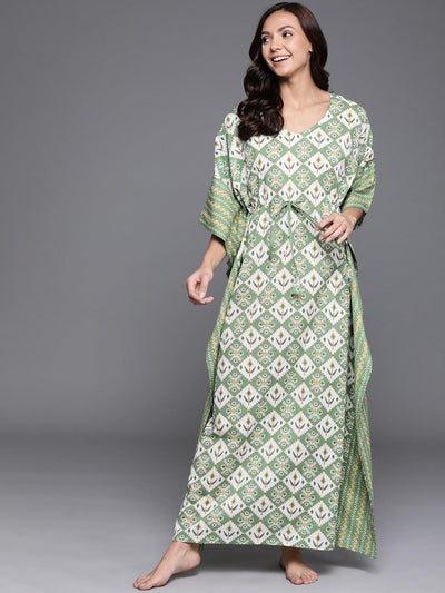 Green Printed Cotton Nightdress - ShopLibas