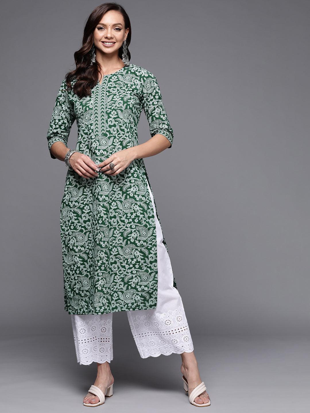 Green Printed Cotton Straight Kurta - ShopLibas