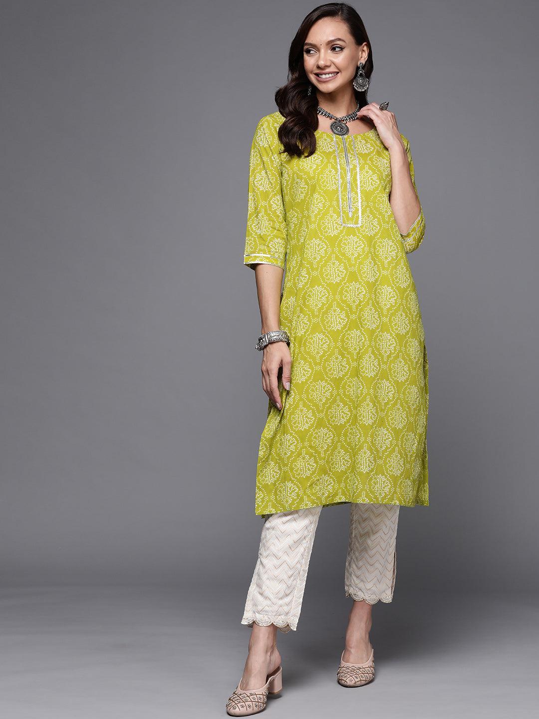 Green Printed Cotton Straight Kurta - ShopLibas