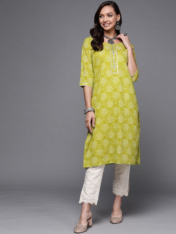 Green Printed Cotton Straight Kurta - ShopLibas