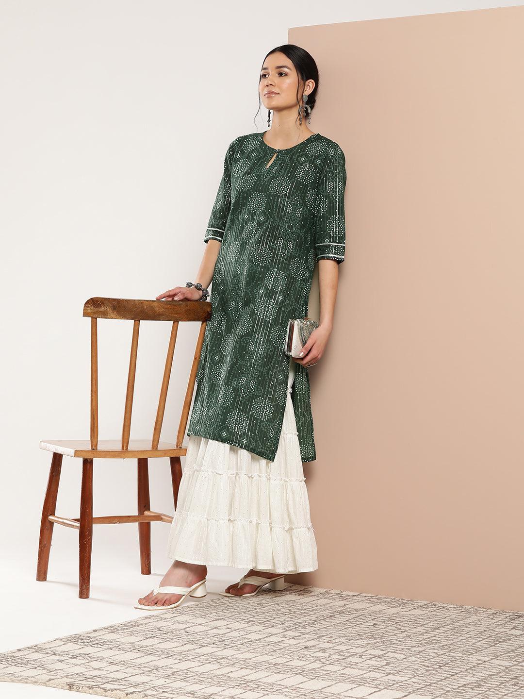 Green Printed Cotton Straight Kurta - ShopLibas