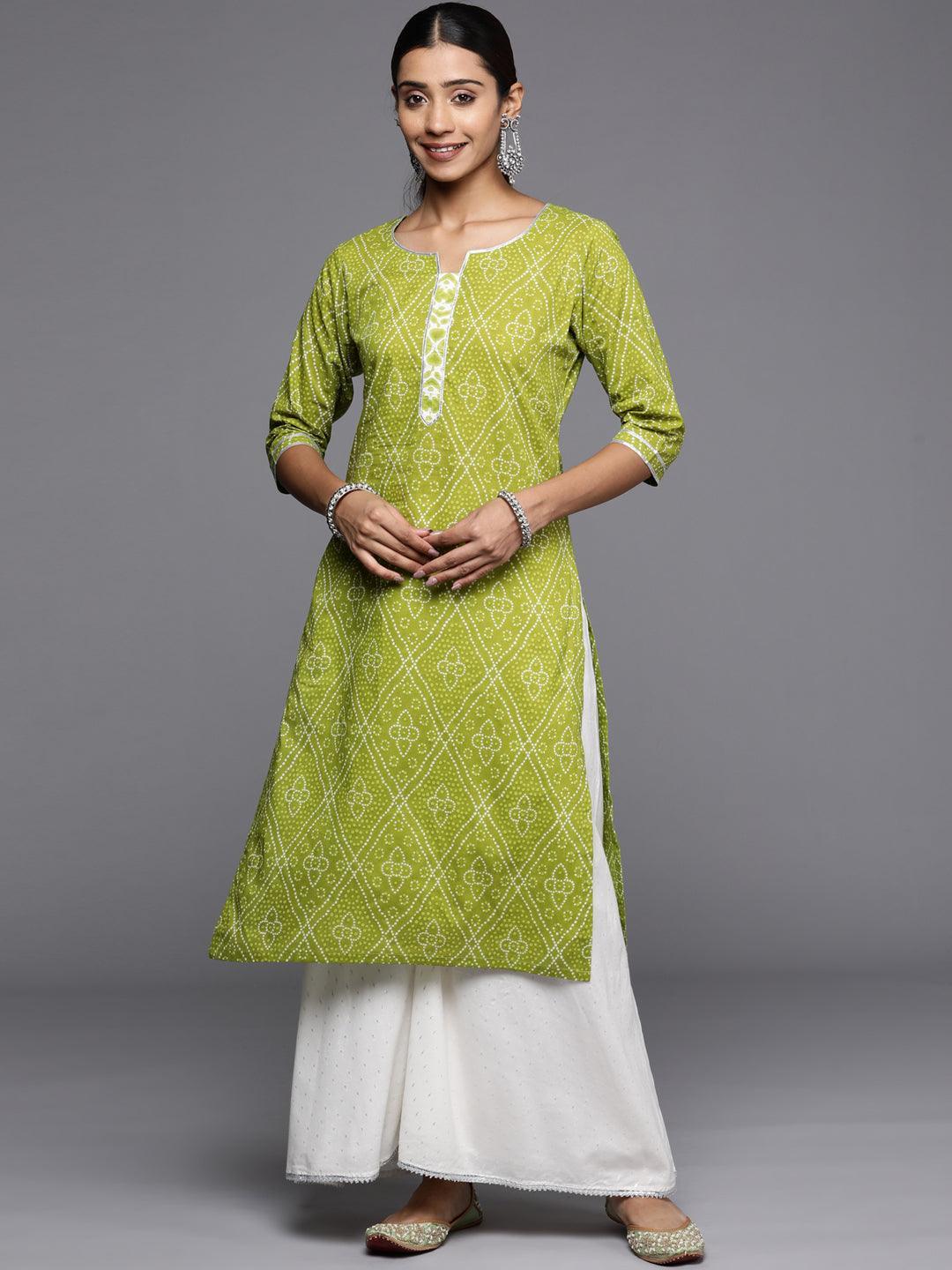 Green Printed Cotton Straight Kurta - ShopLibas