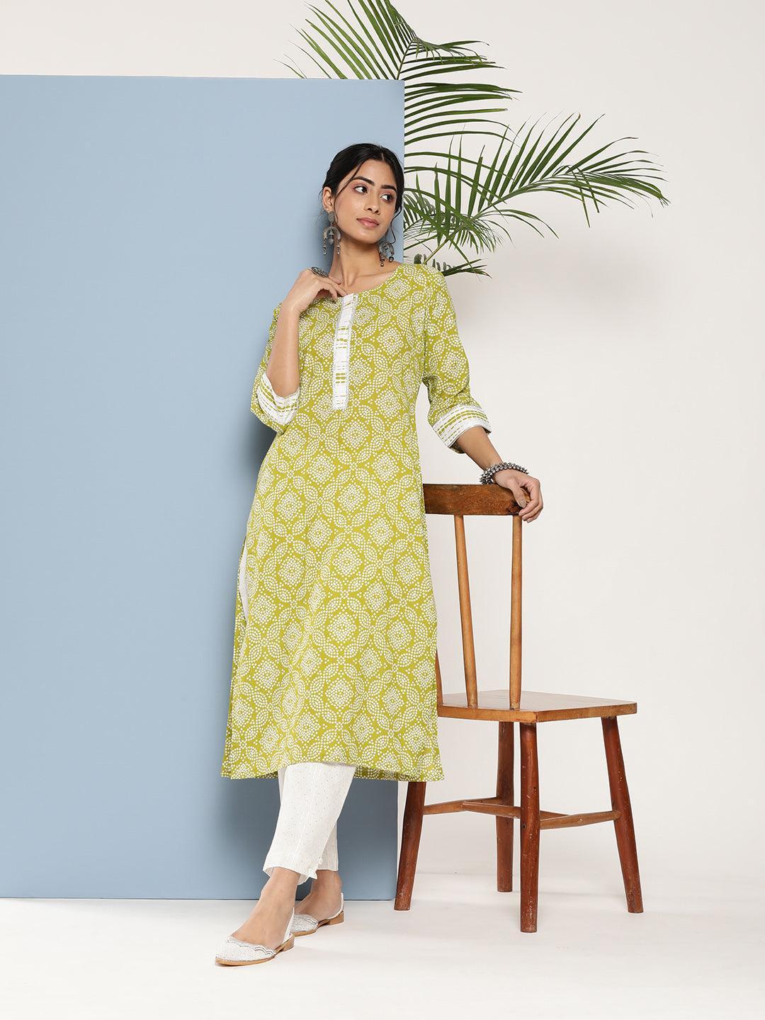Green Printed Cotton Straight Kurta - ShopLibas