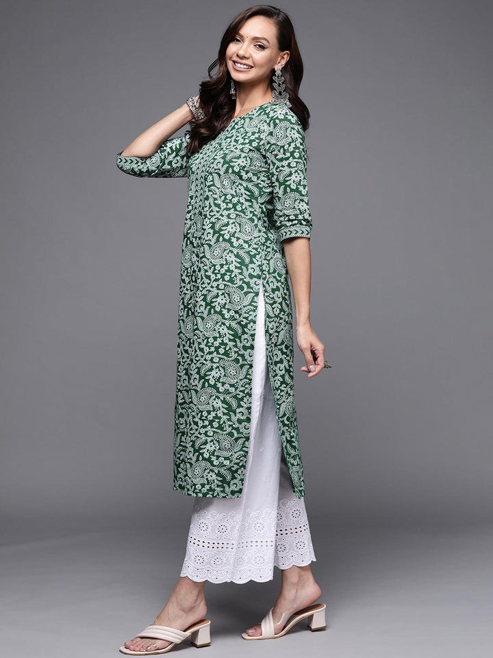 Green Printed Cotton Straight Kurta - ShopLibas