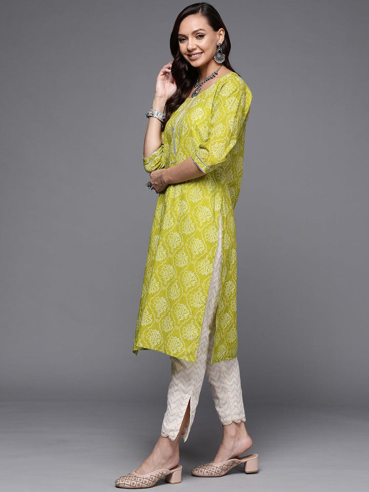 Green Printed Cotton Straight Kurta - ShopLibas