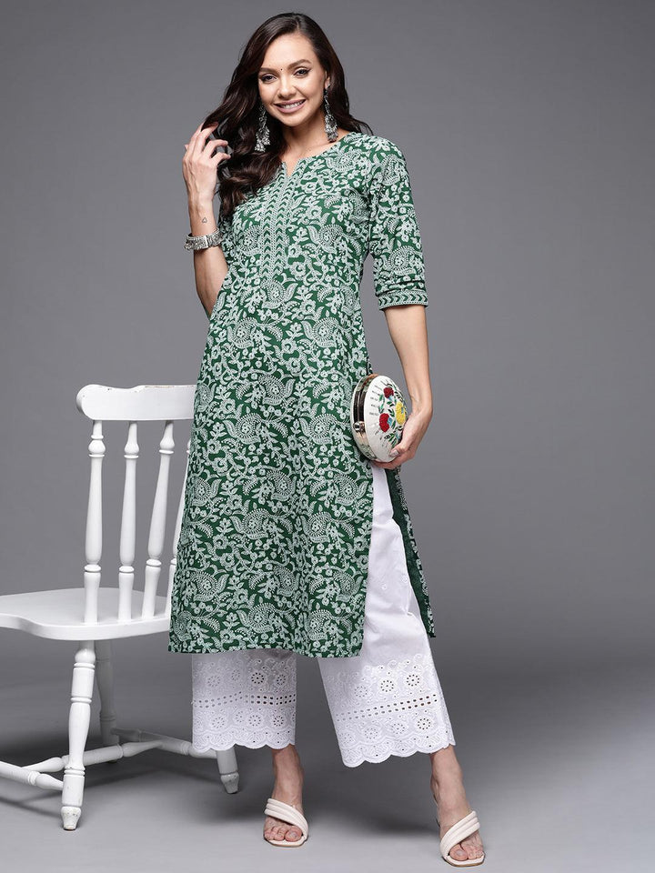 Green Printed Cotton Straight Kurta - ShopLibas