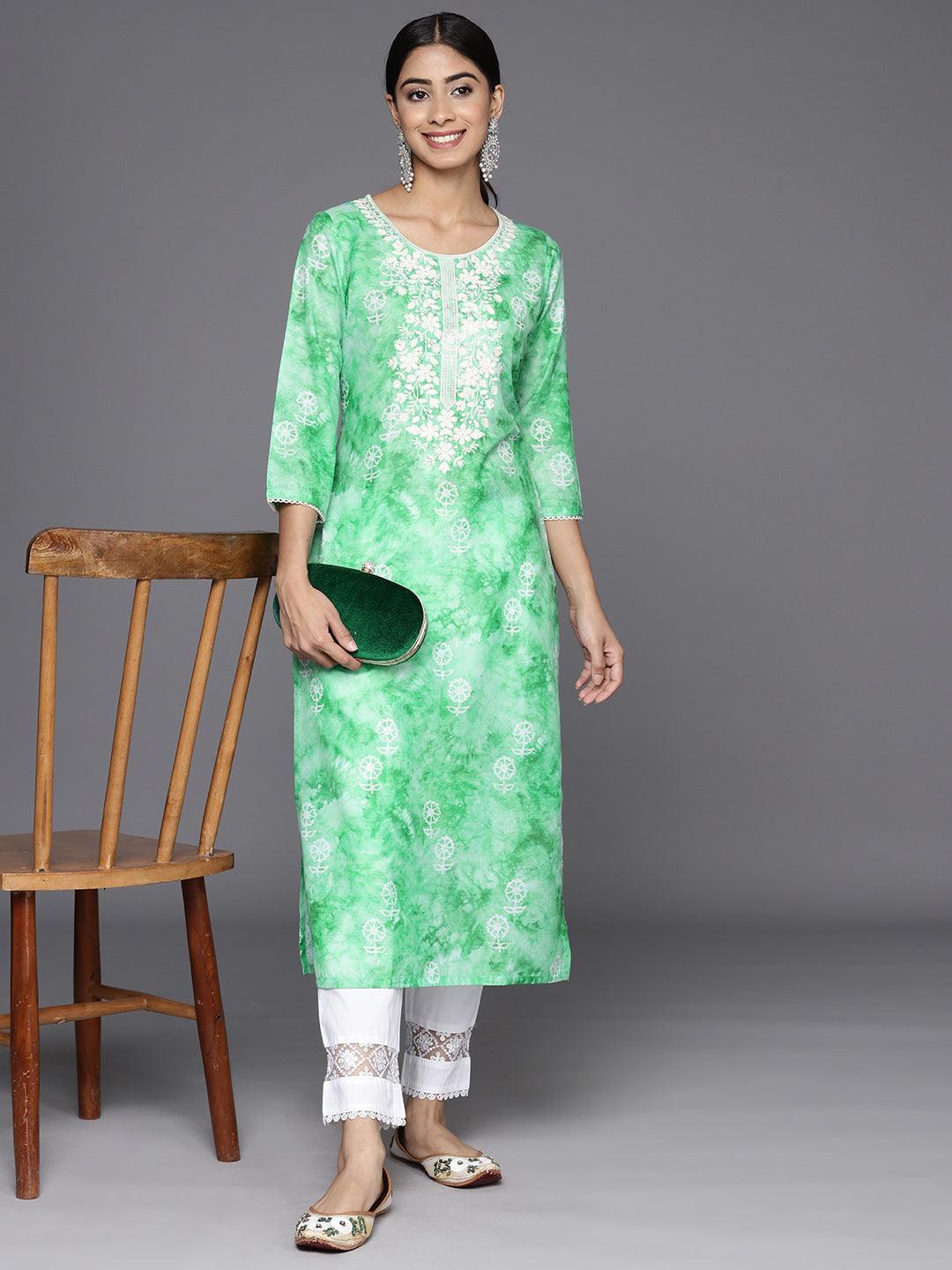 Green Printed Cotton Straight Kurta - Libas 