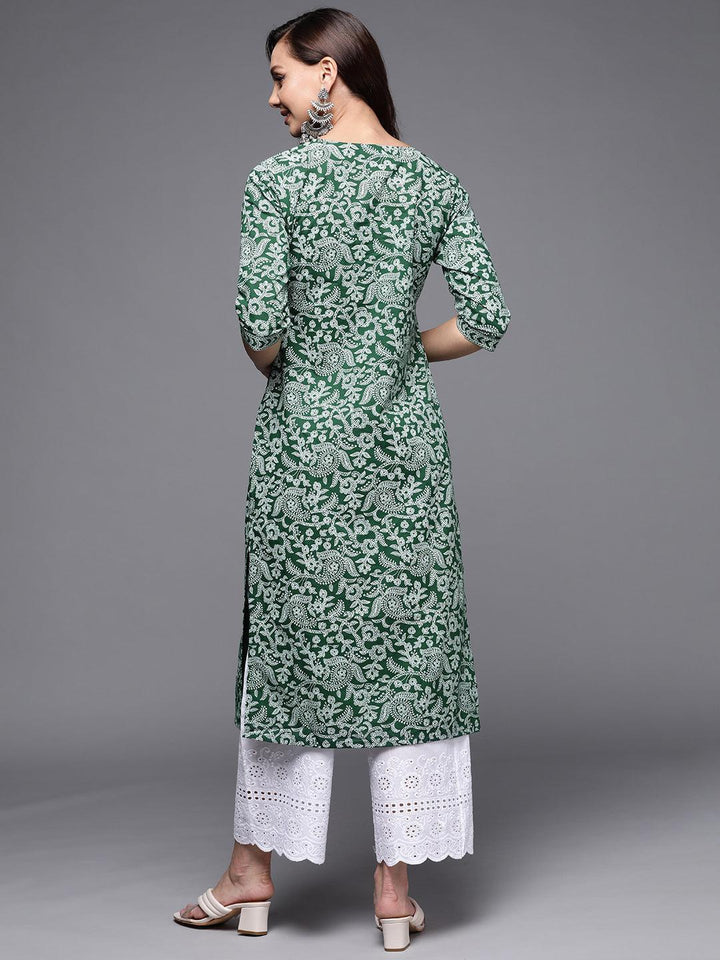 Green Printed Cotton Straight Kurta - ShopLibas