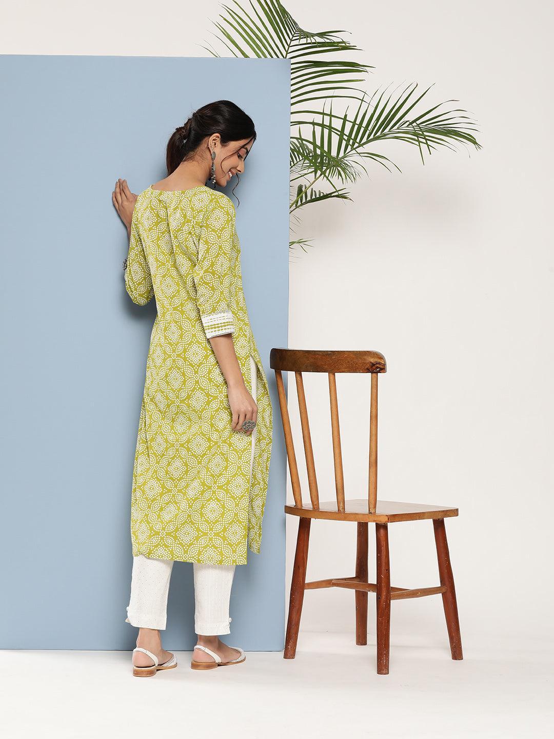 Green Printed Cotton Straight Kurta - ShopLibas 