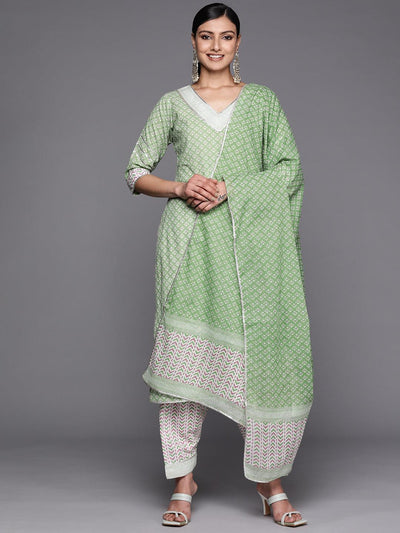 Green Printed Cotton Straight Suit Set With Salwar - ShopLibas