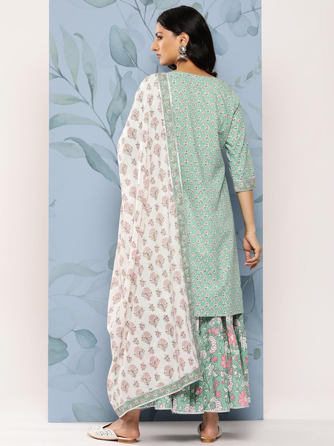 Green Printed Cotton Straight Suit Set With Skirt - Libas 