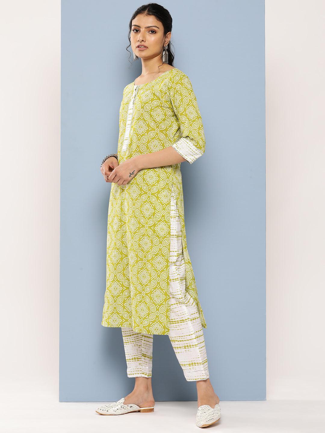 Green Printed Cotton Straight Suit Set With Trousers - Libas 