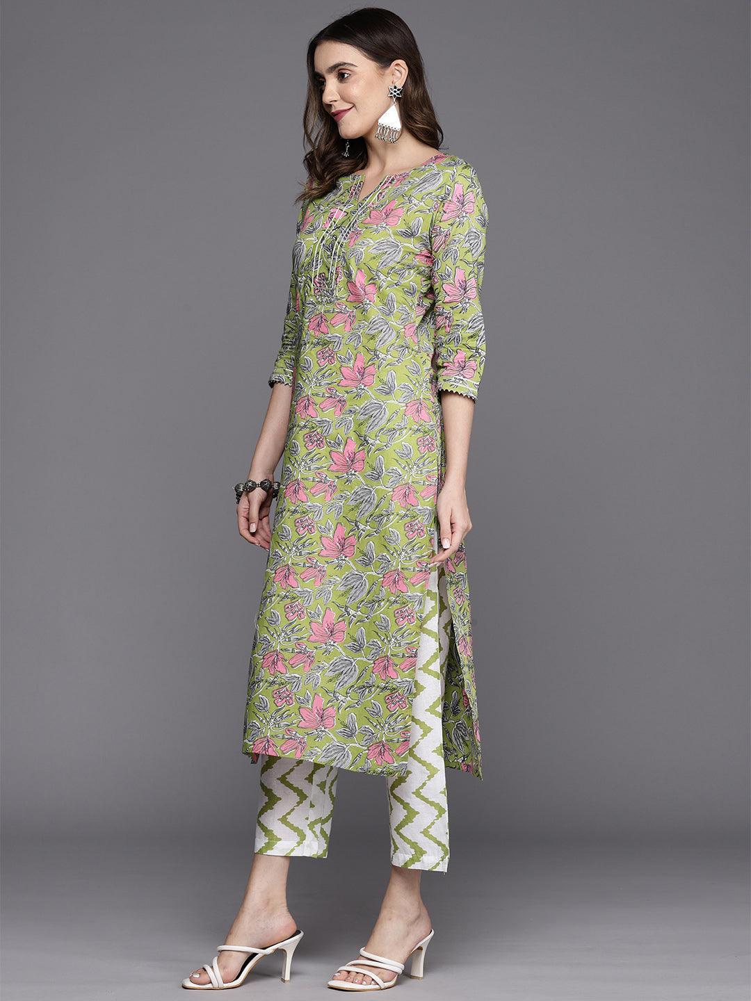 Green Printed Cotton Straight Kurta With Trousers & Dupatta - Libas 