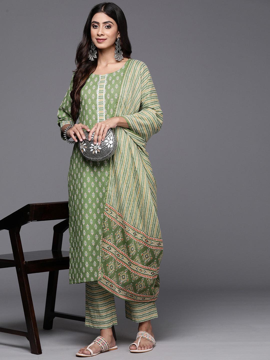 Green Printed Cotton Straight Kurta With Trousers & Dupatta - Libas 