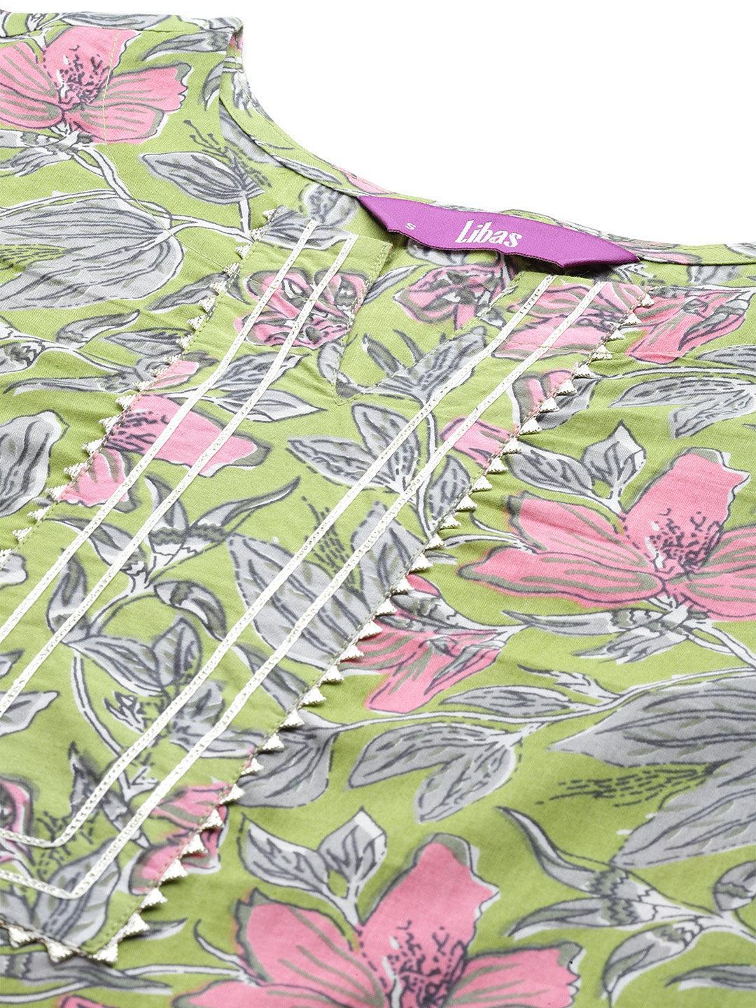 Green Printed Cotton Straight Kurta With Trousers & Dupatta - Libas 