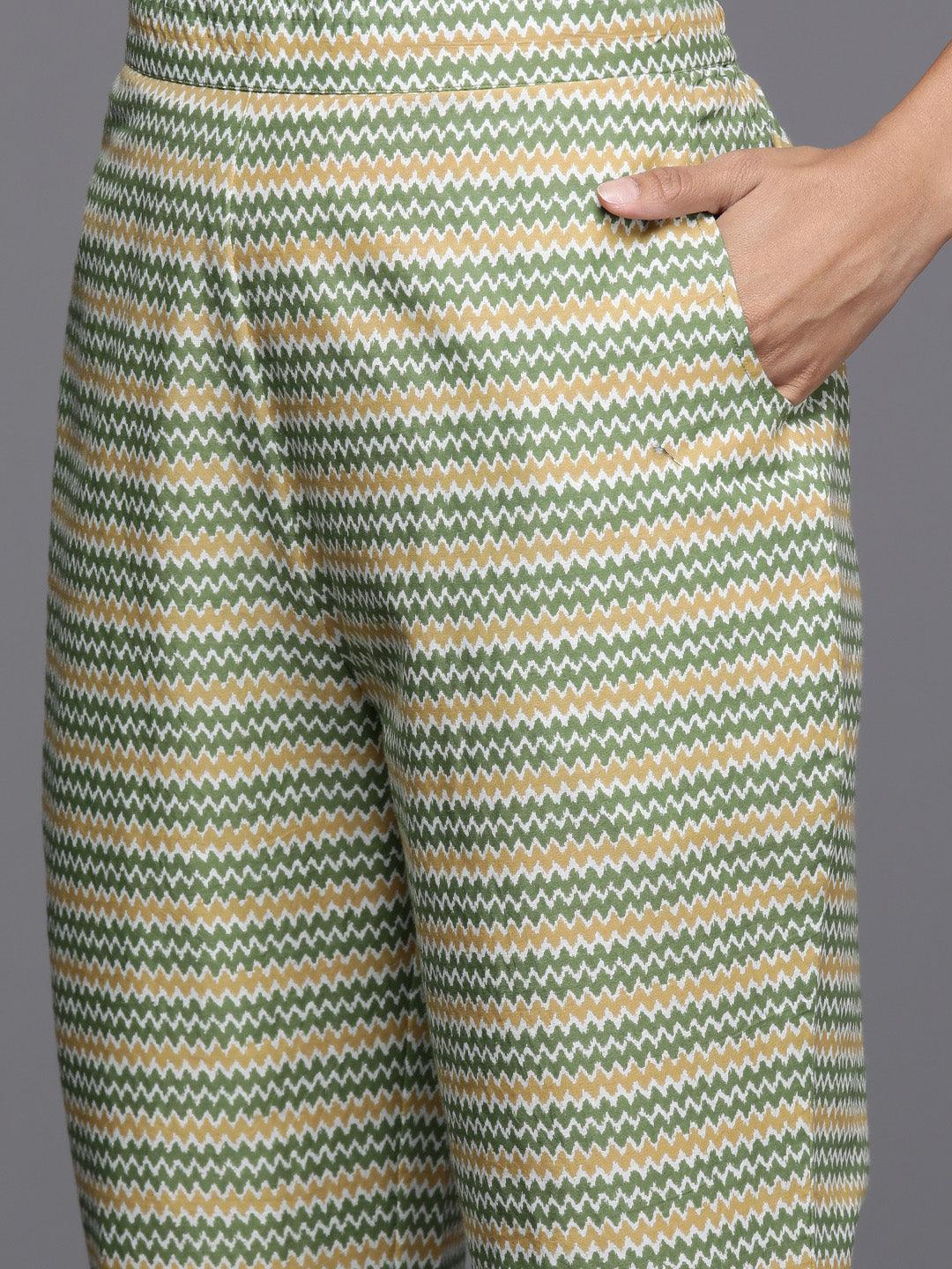 Green Printed Cotton Straight Kurta With Trousers & Dupatta - Libas 