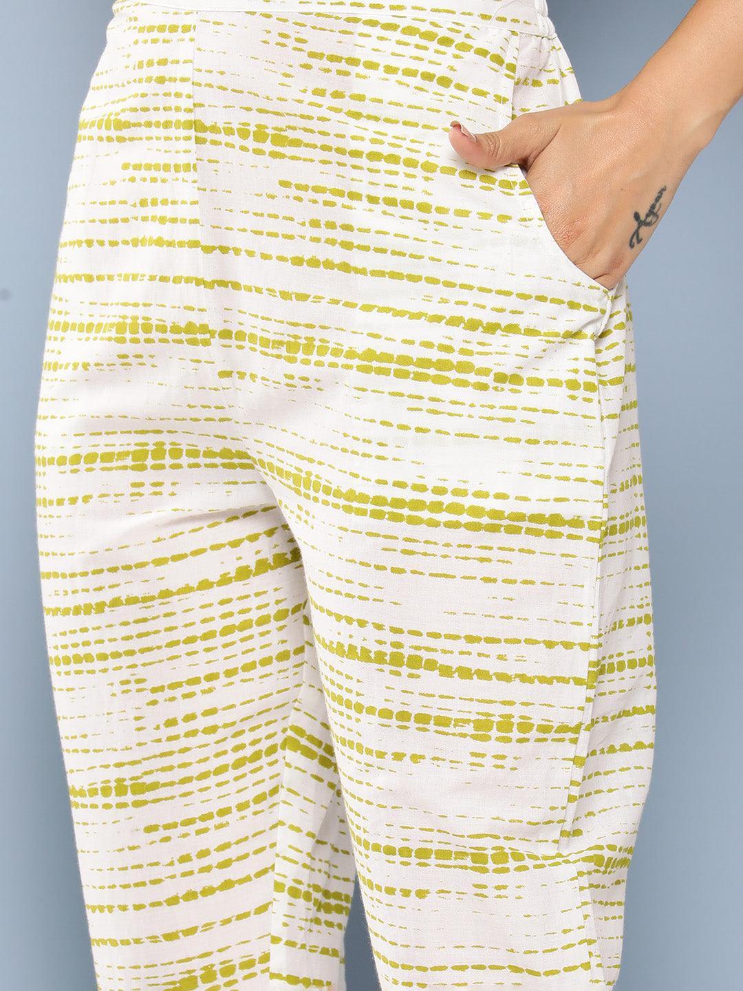 Green Printed Cotton Straight Suit Set With Trousers - Libas 