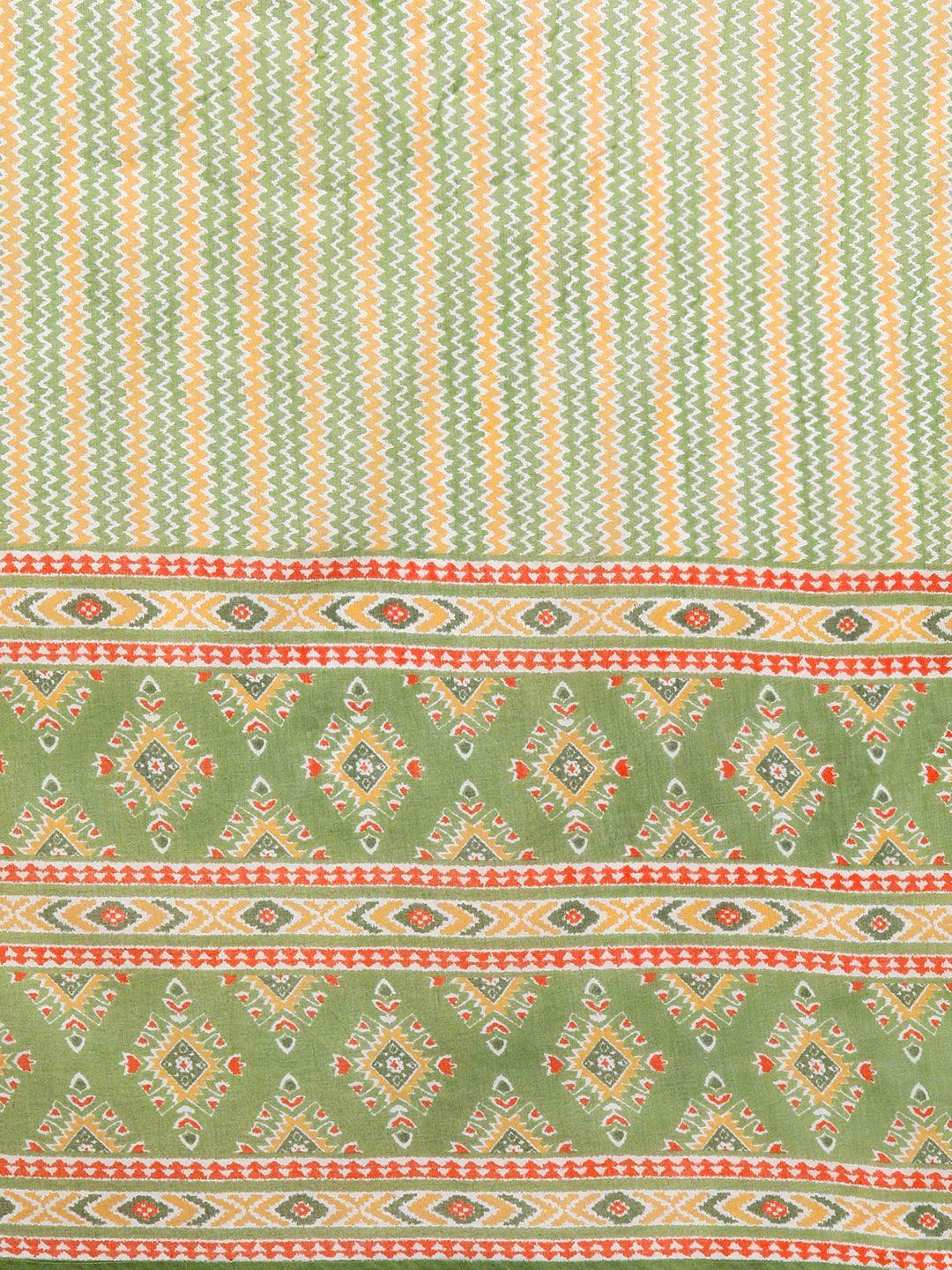Green Printed Cotton Straight Kurta With Trousers & Dupatta - Libas 