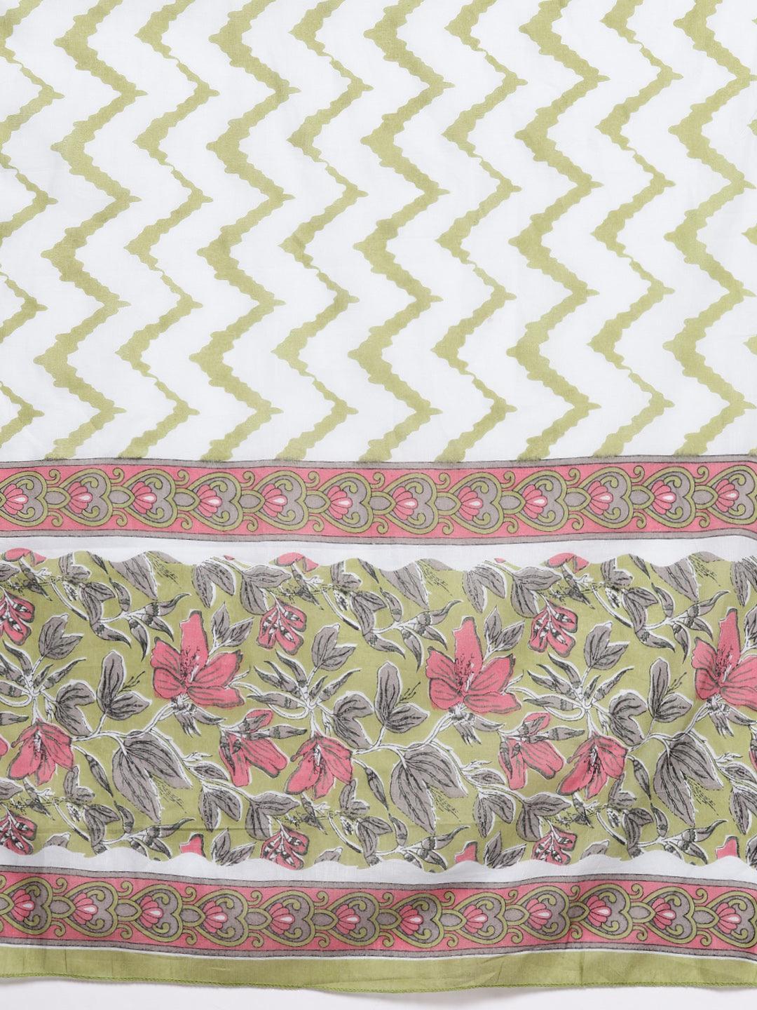 Green Printed Cotton Straight Kurta With Trousers & Dupatta - Libas 